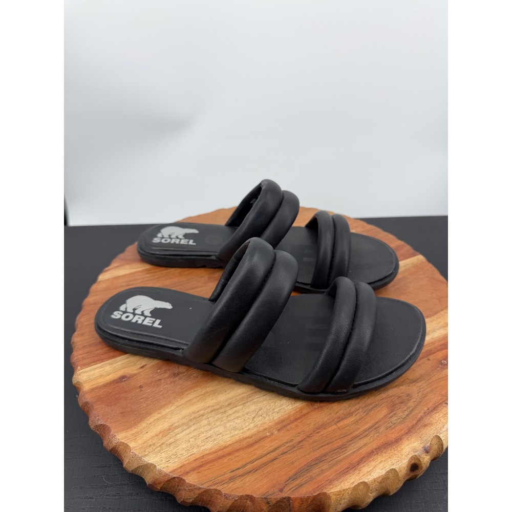 Sorel Ella II puff Slide Sandals Women 9 Black Puffy Leather NL6041-010